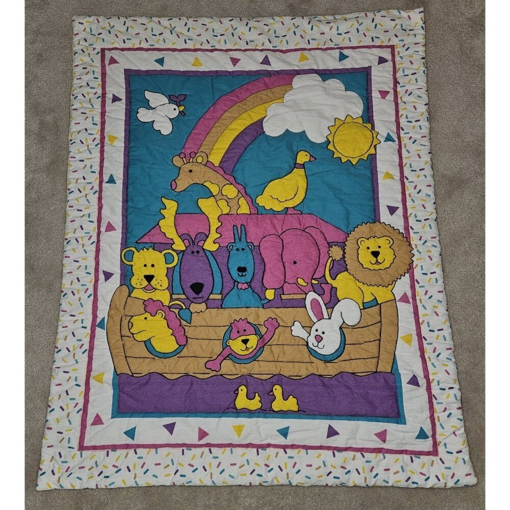 VTG 1990s Noah's Ark Baby Blanket Comforter Wall Decor 31x40 Pink Purple Yellow